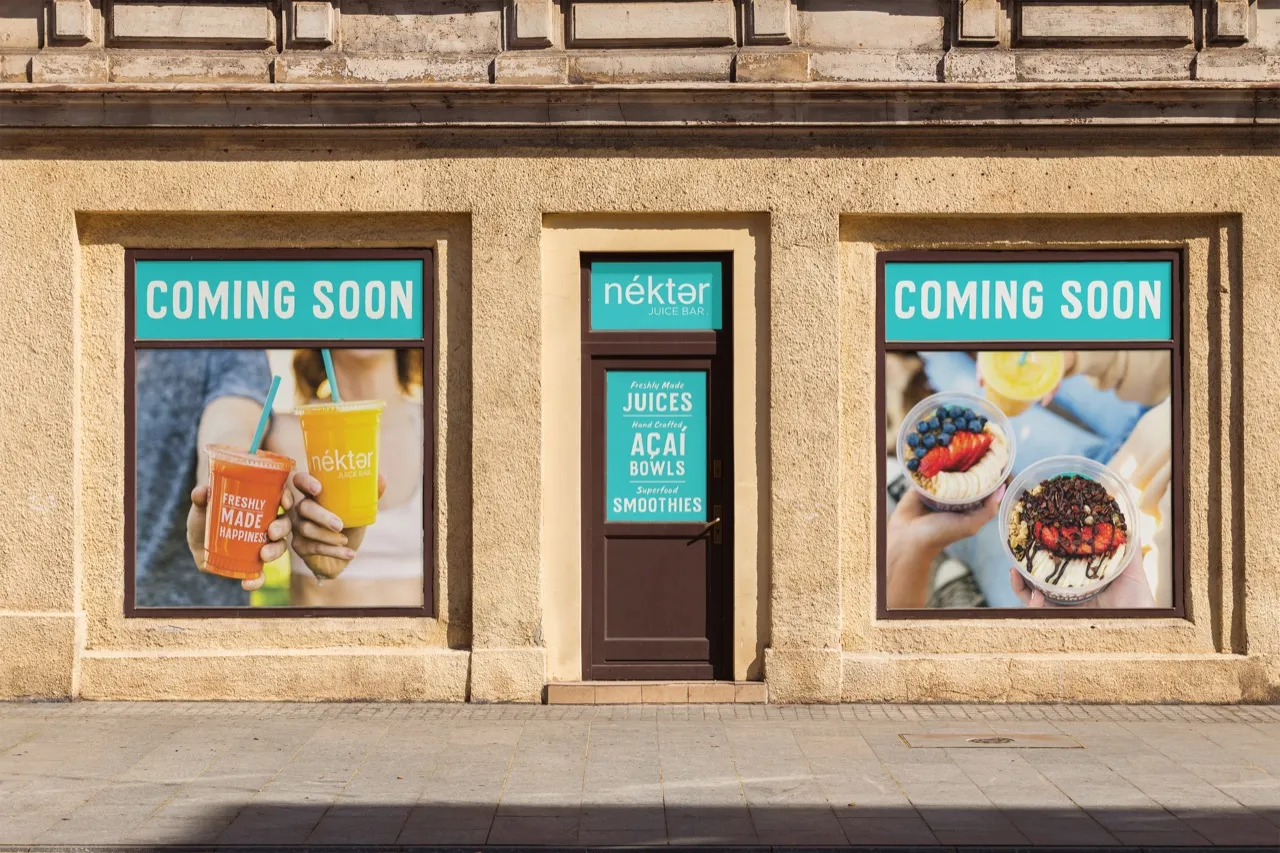 Nekter Juice Bar printed storefront window graphics by VE Signs